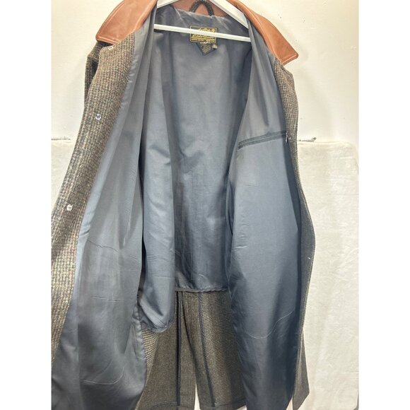 Eddie Bauer Coat Mens XL Brown Herringbone Wool Leather Vtg - Picture 3 of 10